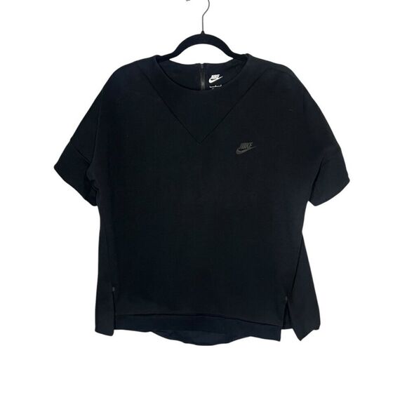Nike Tech Women’s Large Fleece Short Sleeve Sweatshirt Black Activewear NEW - Picture 2 of 7